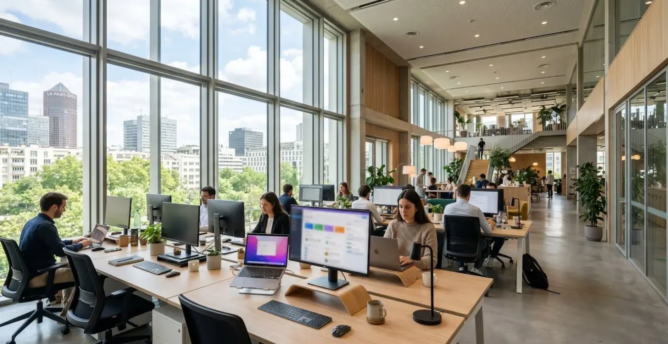 Bureau contemporain français avec écran d'ordinateur montrant une interface d'intelligence artificielle floutée, espace de travail minimaliste lumineux