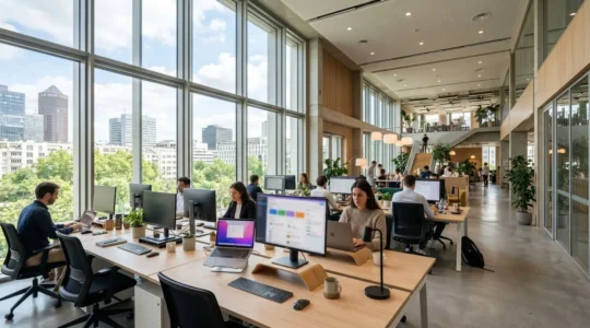 Bureau contemporain français avec écran d'ordinateur montrant une interface d'intelligence artificielle floutée, espace de travail minimaliste lumineux