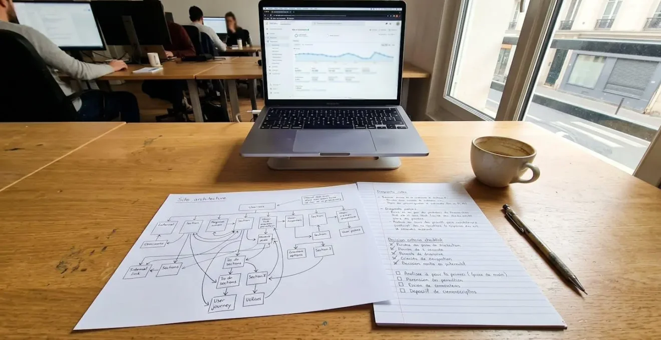 Bureau de travail organisé avec schéma imprimé d'architecture de site montrant la structure de liens internes et notes manuscrites de critères de diagnostic