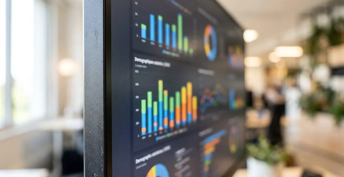 Gros plan sur écran d'ordinateur affichant des graphiques statistiques démographiques floutés avec barres colorées et courbes, détail net sur le reflet de l'écran