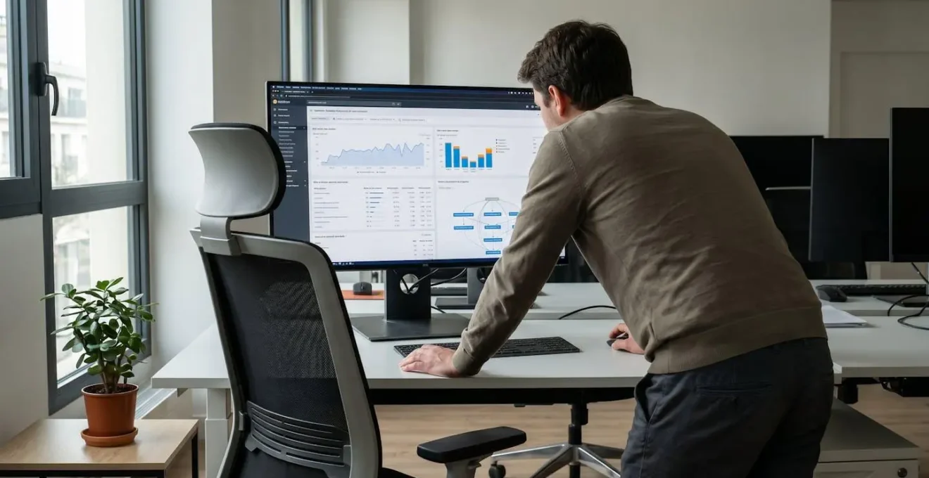Professionnel vu de dos analysant des graphiques de fréquence d'exploration sur un grand écran dans un bureau contemporain éclairé par la lumière naturelle