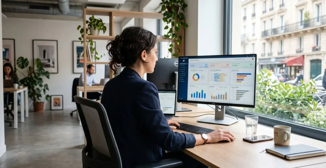 Professionnel du marketing digital vu de dos analysant des graphiques de données sur écran d'ordinateur dans un bureau contemporain français