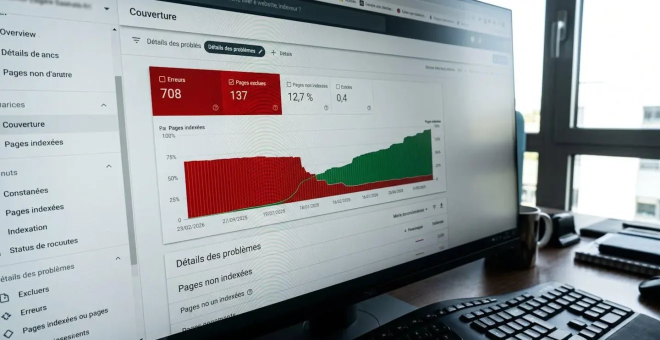 Gros plan sur un rapport de couverture Google Search Console affichant des zones d'alerte rouges pour pages non explorées et des zones vertes pour URLs indexées